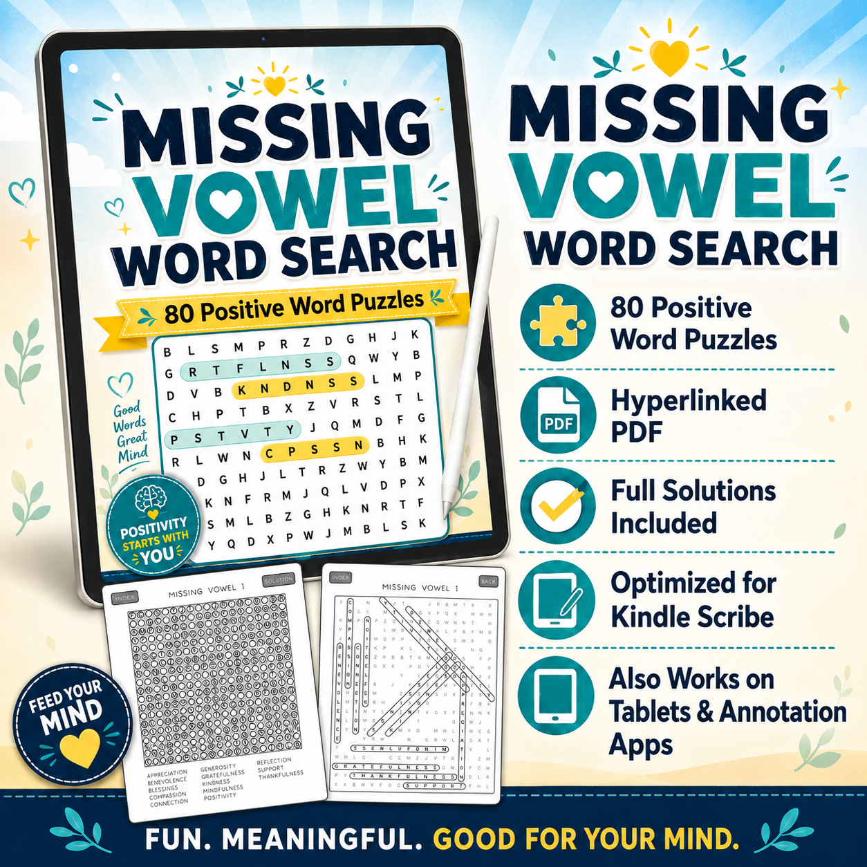 Positive Missing Vowel Word Search for Kindle Scribe – 80 Interactive Word Puzzles with Solutions