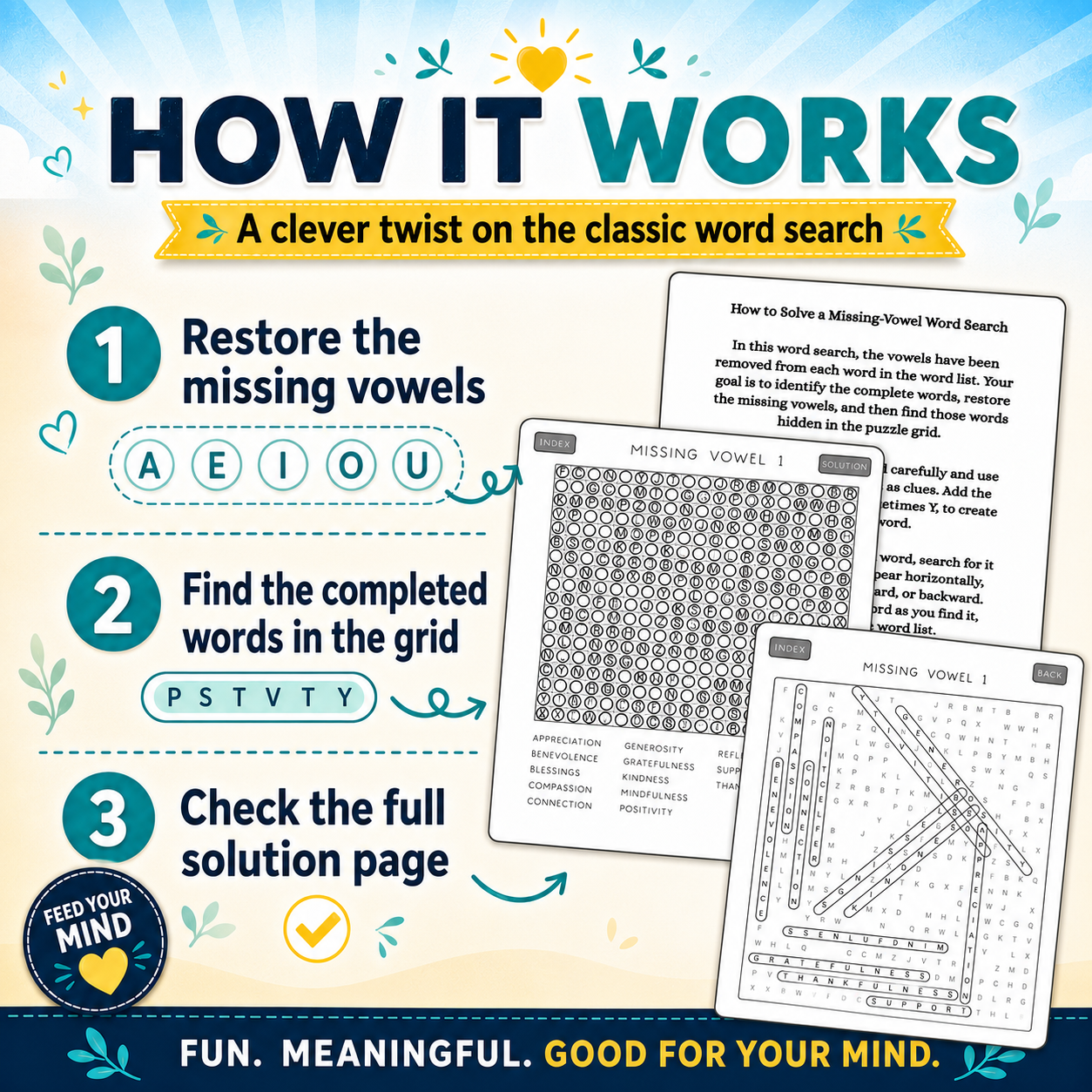 Positive Missing Vowel Word Search for Kindle Scribe – 80 Interactive Word Puzzles with Solutions