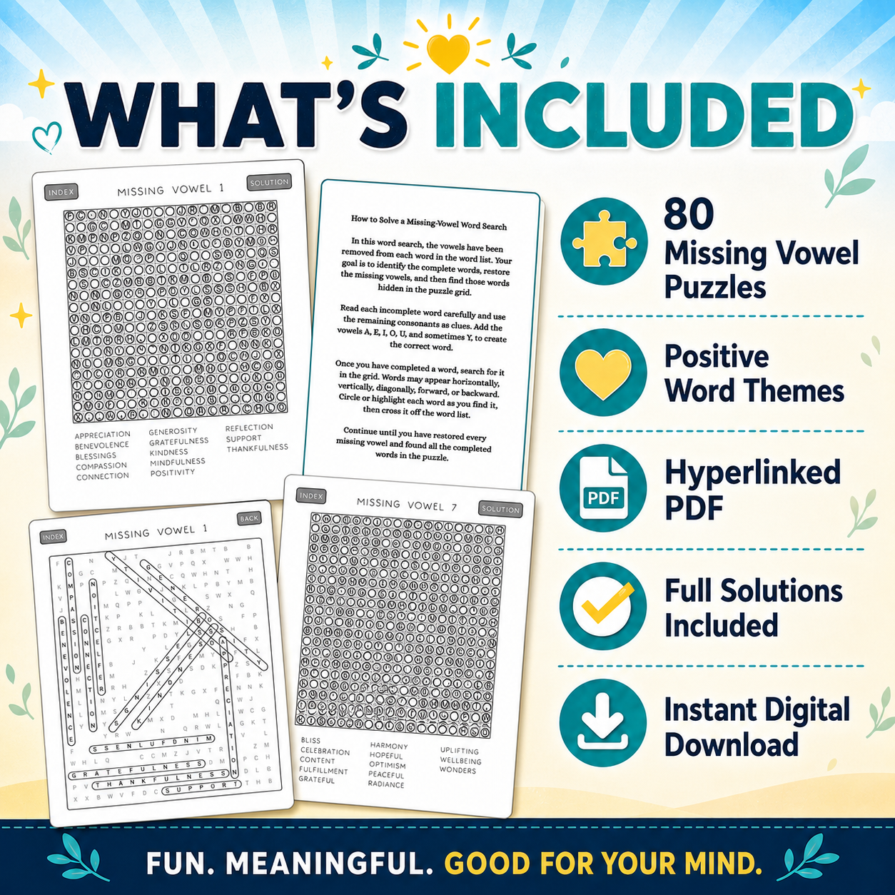 Positive Missing Vowel Word Search for Kindle Scribe – 80 Interactive Word Puzzles with Solutions