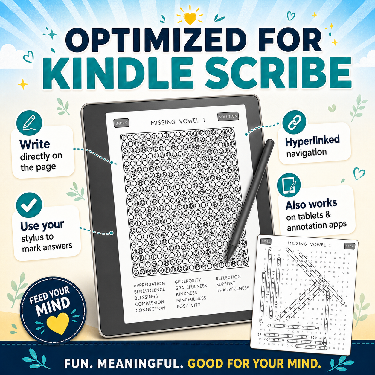 Positive Missing Vowel Word Search for Kindle Scribe – 80 Interactive Word Puzzles with Solutions