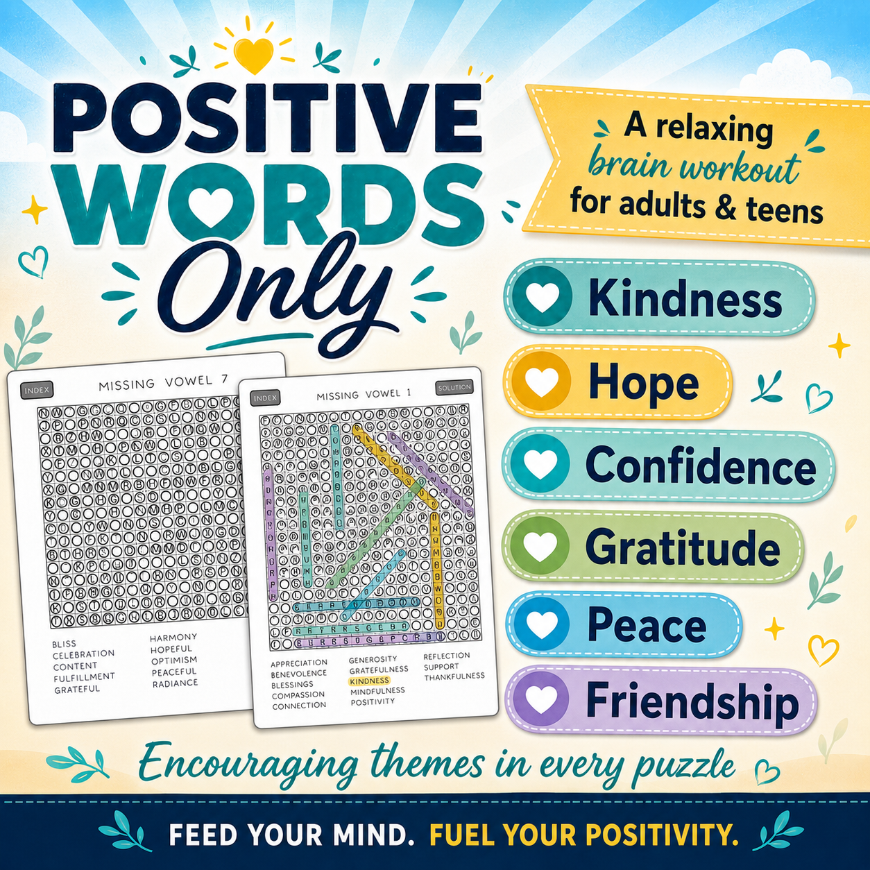 Positive Missing Vowel Word Search for Kindle Scribe – 80 Interactive Word Puzzles with Solutions