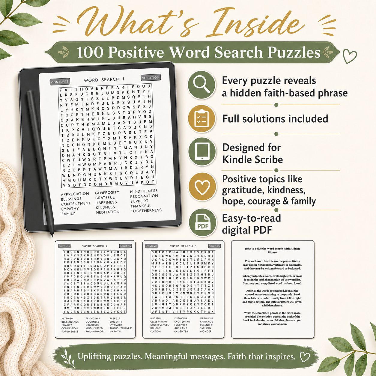 Positive Word Search Puzzles for Kindle Scribe – 100 Faith-Based Hidden Phrase Brain Games for Teens & Adults