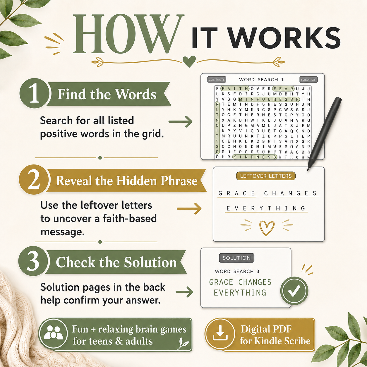 Positive Word Search Puzzles for Kindle Scribe – 100 Faith-Based Hidden Phrase Brain Games for Teens & Adults