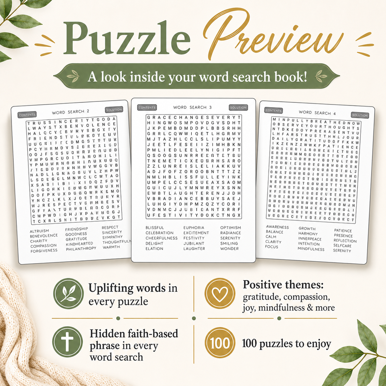 Positive Word Search Puzzles for Kindle Scribe – 100 Faith-Based Hidden Phrase Brain Games for Teens & Adults