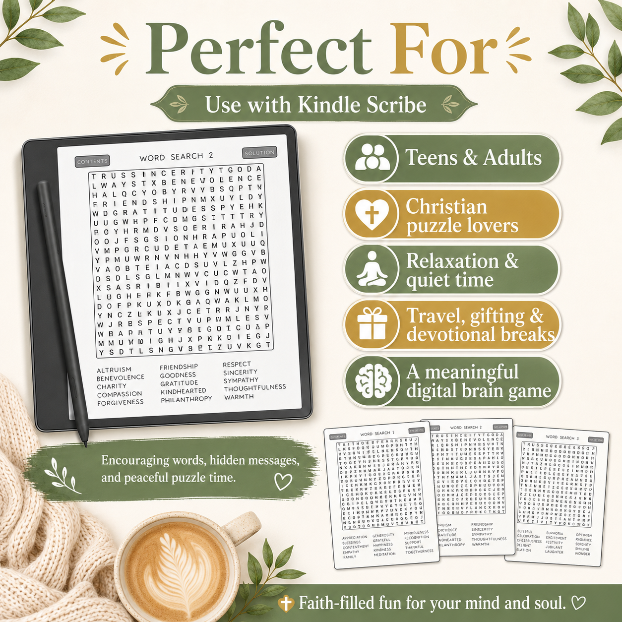 Positive Word Search Puzzles for Kindle Scribe – 100 Faith-Based Hidden Phrase Brain Games for Teens & Adults