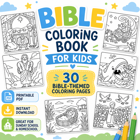 Bible Coloring Book for Kids, 30 Christian Coloring Pages, Bible Stories Activity, Sunday School Homeschool Church PDF