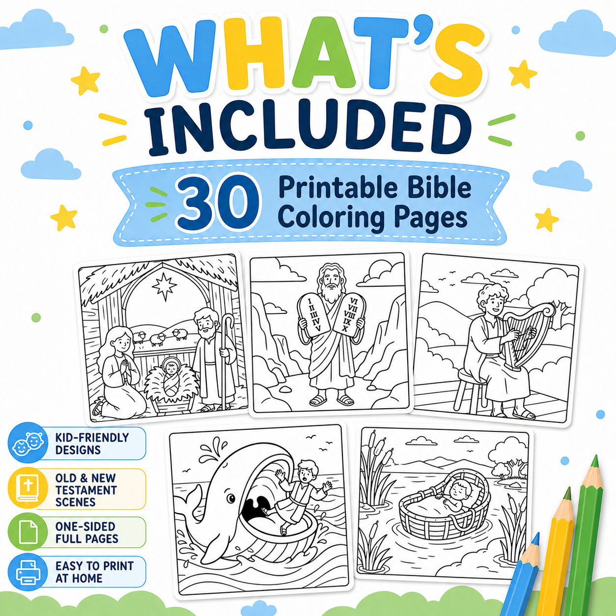 Bible Coloring Book for Kids, 30 Christian Coloring Pages, Bible Stories Activity, Sunday School Homeschool Church PDF