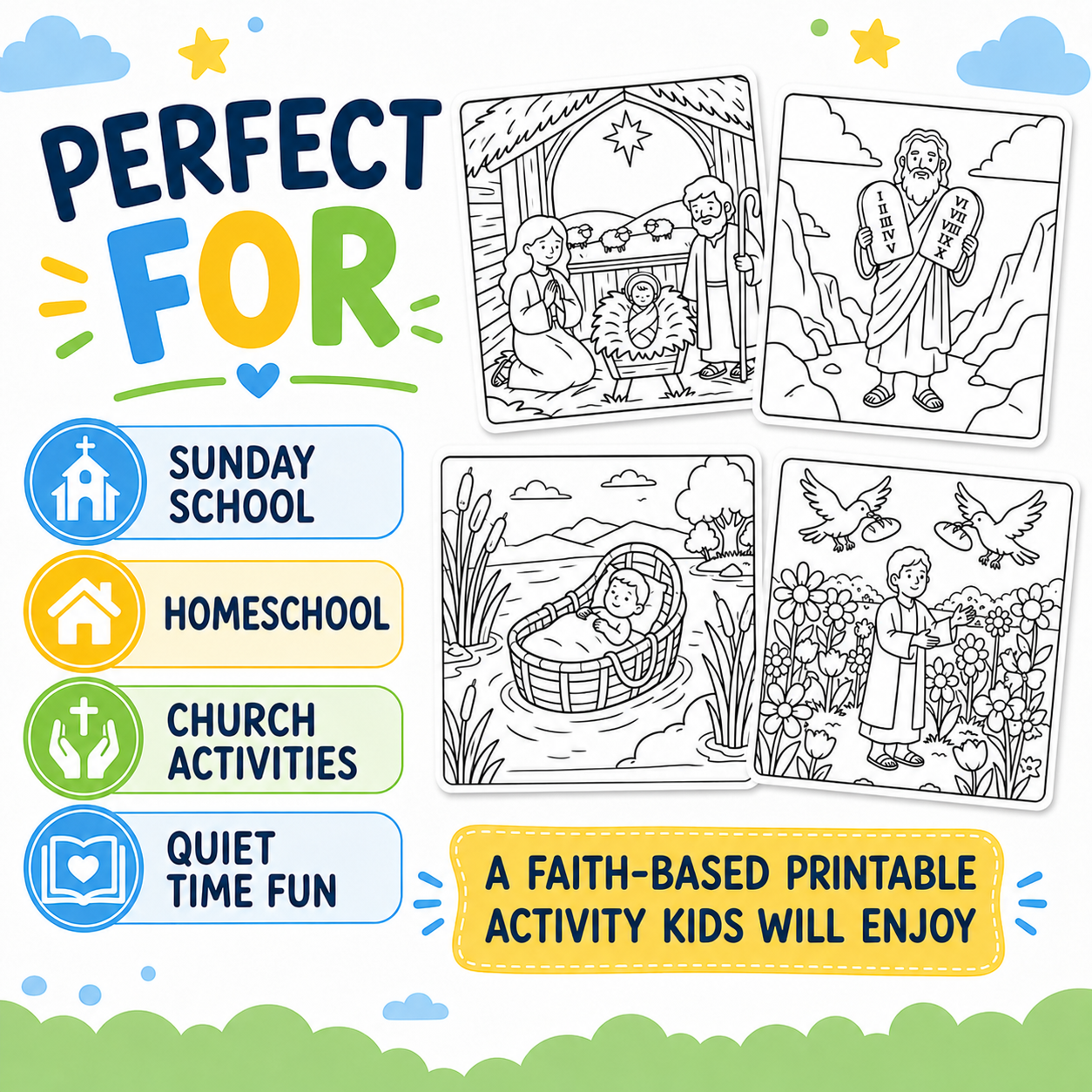 Bible Coloring Book for Kids, 30 Christian Coloring Pages, Bible Stories Activity, Sunday School Homeschool Church PDF