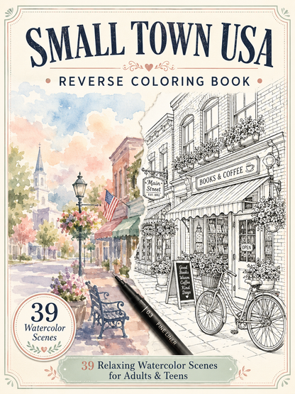 Cover of 'Small Town USA Reverse Coloring Book' with a picturesque town scene and coloring book by CMH Publishing.