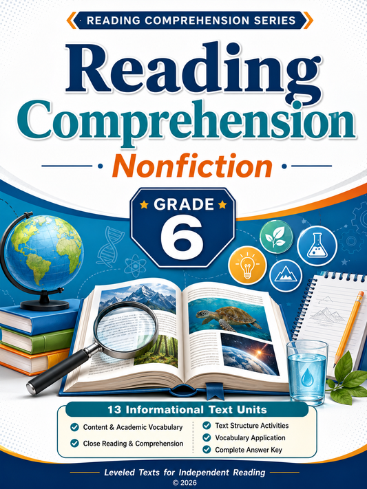 Reading Comprehension Worksheets, Nonfiction Printable Workbook, 6th Grade ELA Passages