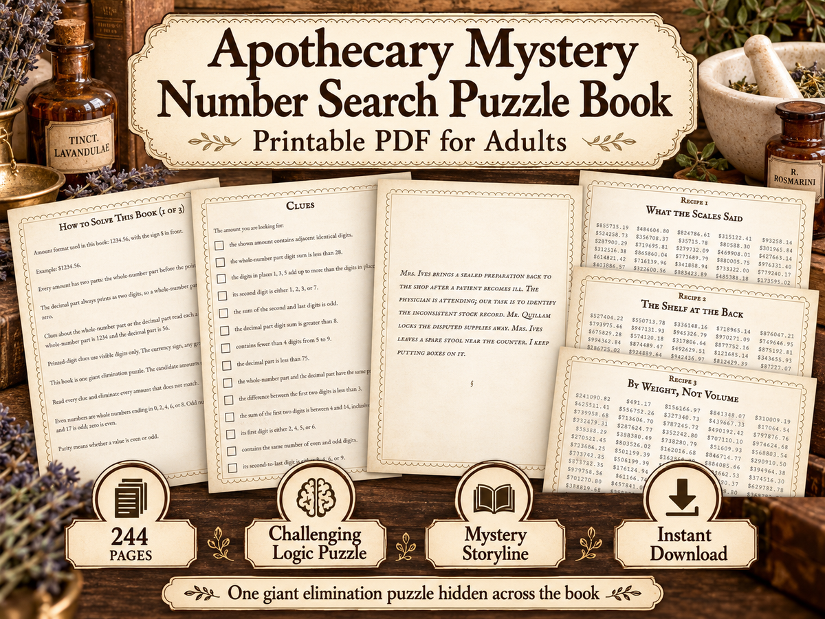 Apothecary Mystery Number Search Puzzle Book for Adults | Challenging Logic Puzzles and Detective Brain Teaser