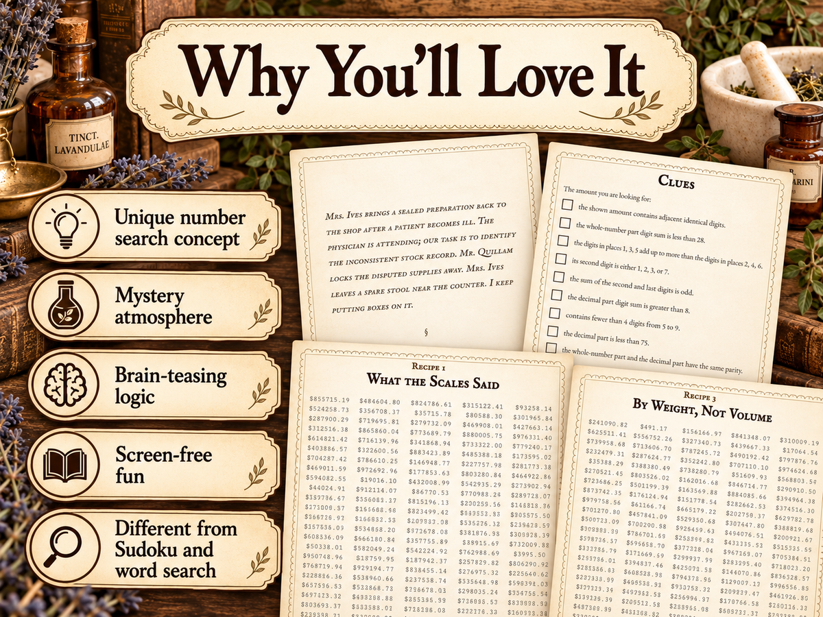 Apothecary Mystery Number Search Puzzle Book for Adults | Challenging Logic Puzzles and Detective Brain Teaser