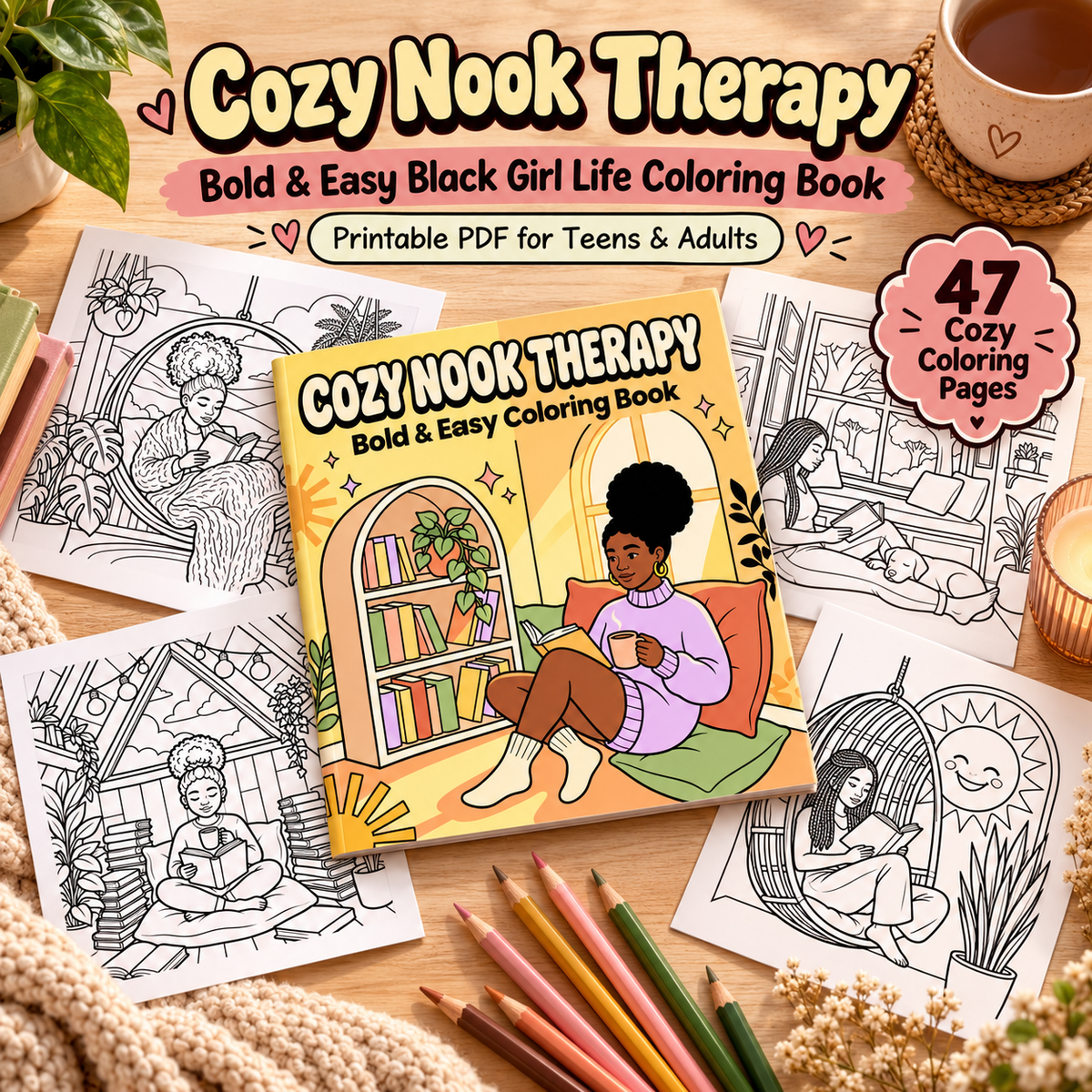 A printable coloring book titled Cozy Nook Therapy by CMH Publishing