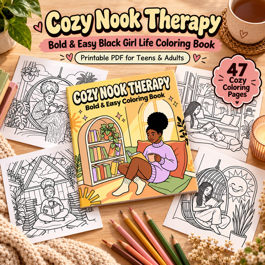 Cover of 'Cozy Nook Therapy Coloring Book' — bold and easy printable PDF by CMH Publishing
