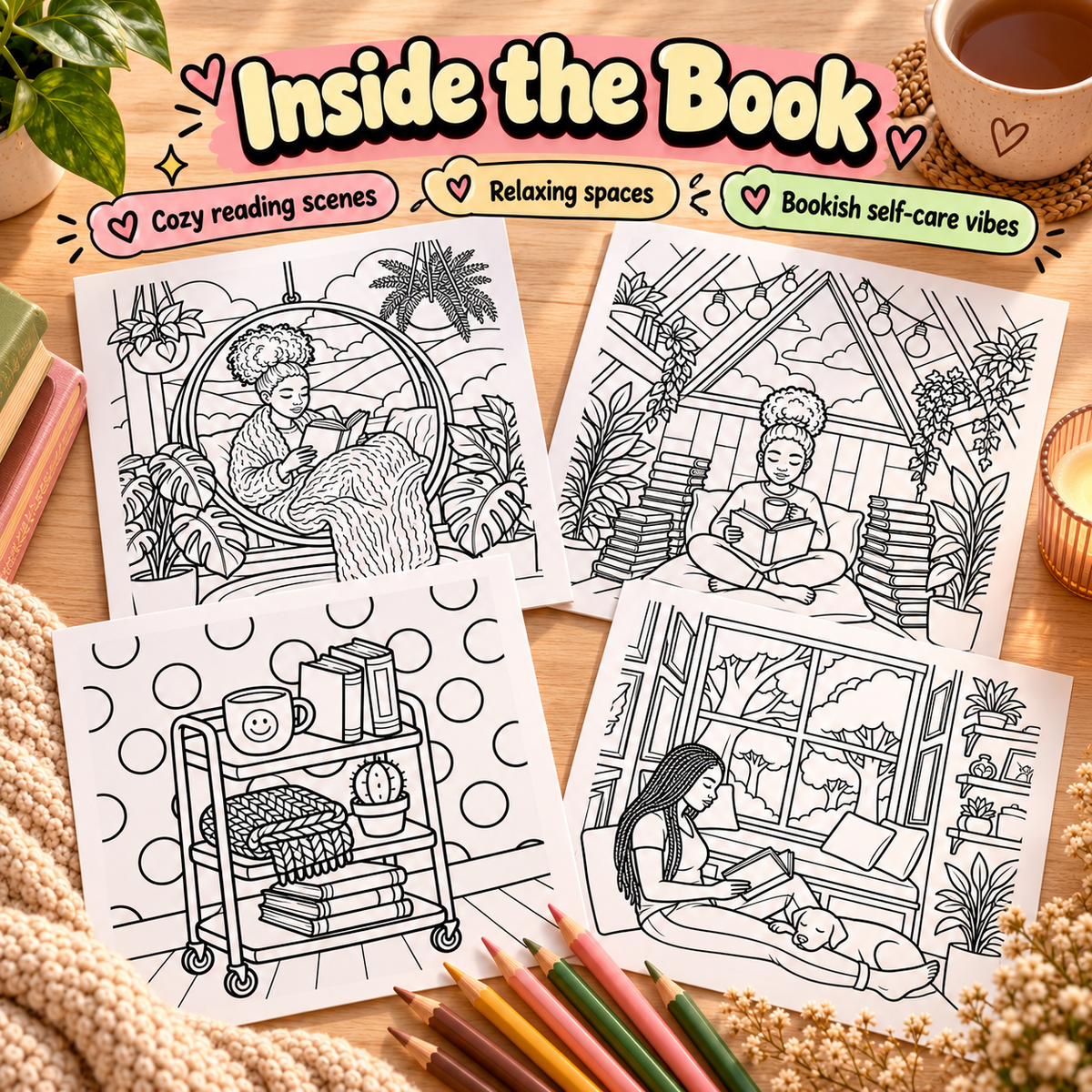 Four black-and-white printable coloring pages with cozy reading-themed illustrations are arranged on a wooden surface with colored pencils, a mug, and decorative props. 