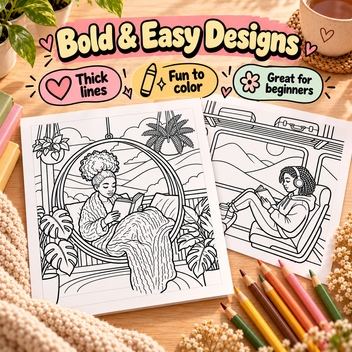 Two black-and-white coloring pages featuring a woman relaxing in a hanging chair and a car interior, displayed on a wooden surface with colored pencils, a cup, and decorative text reading 'Bold & Easy Designs' and 'Thick lines', 'Fun to color', and 'Great for beginners'.