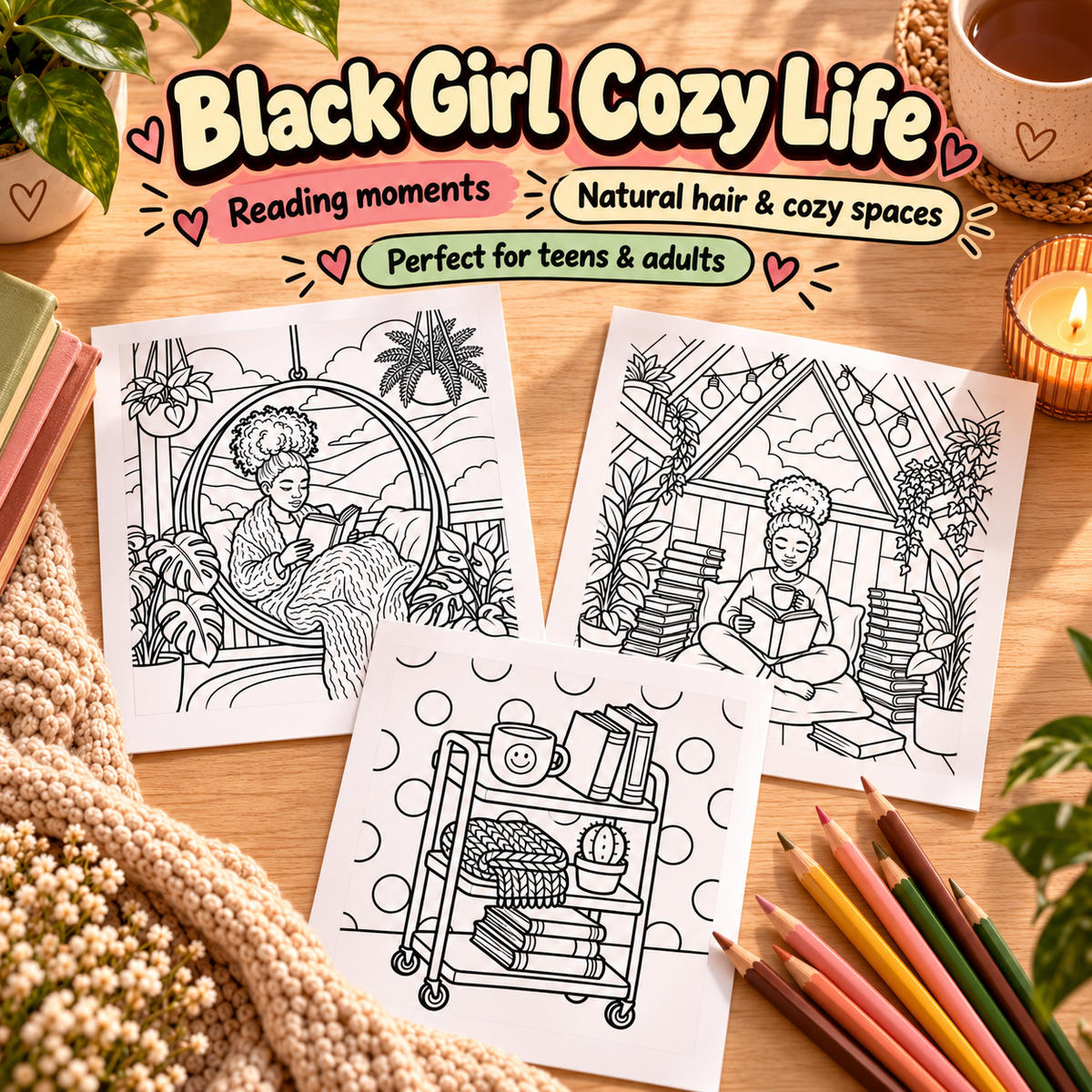 The pages are part of the 'Black Girl Cozy Life' printable set by CMH Publishing.