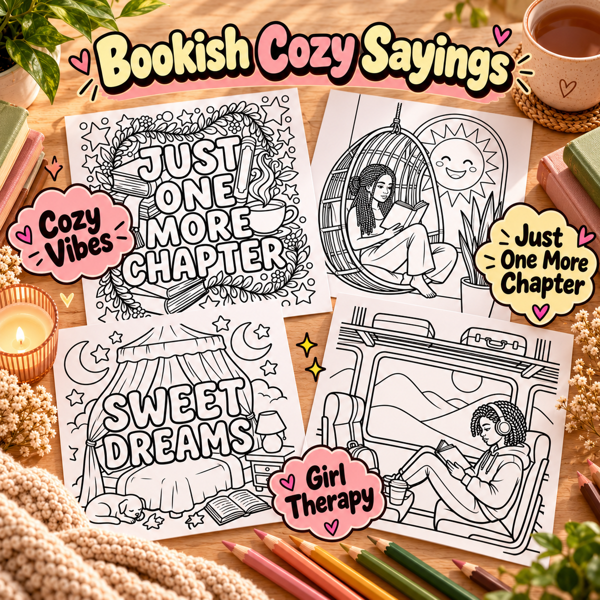 Four cozy book-themed sayings stickers or prints arranged on a styled desk surface with pencils, a mug, books, and warm lighting. The designs include black-and-white line art with phrases 'Just One More Chapter,' 'Sweet Dreams,' and 'Girl Therapy,' plus pink labels reading 'Cozy Vibes' and 'Just One More Chapter.
