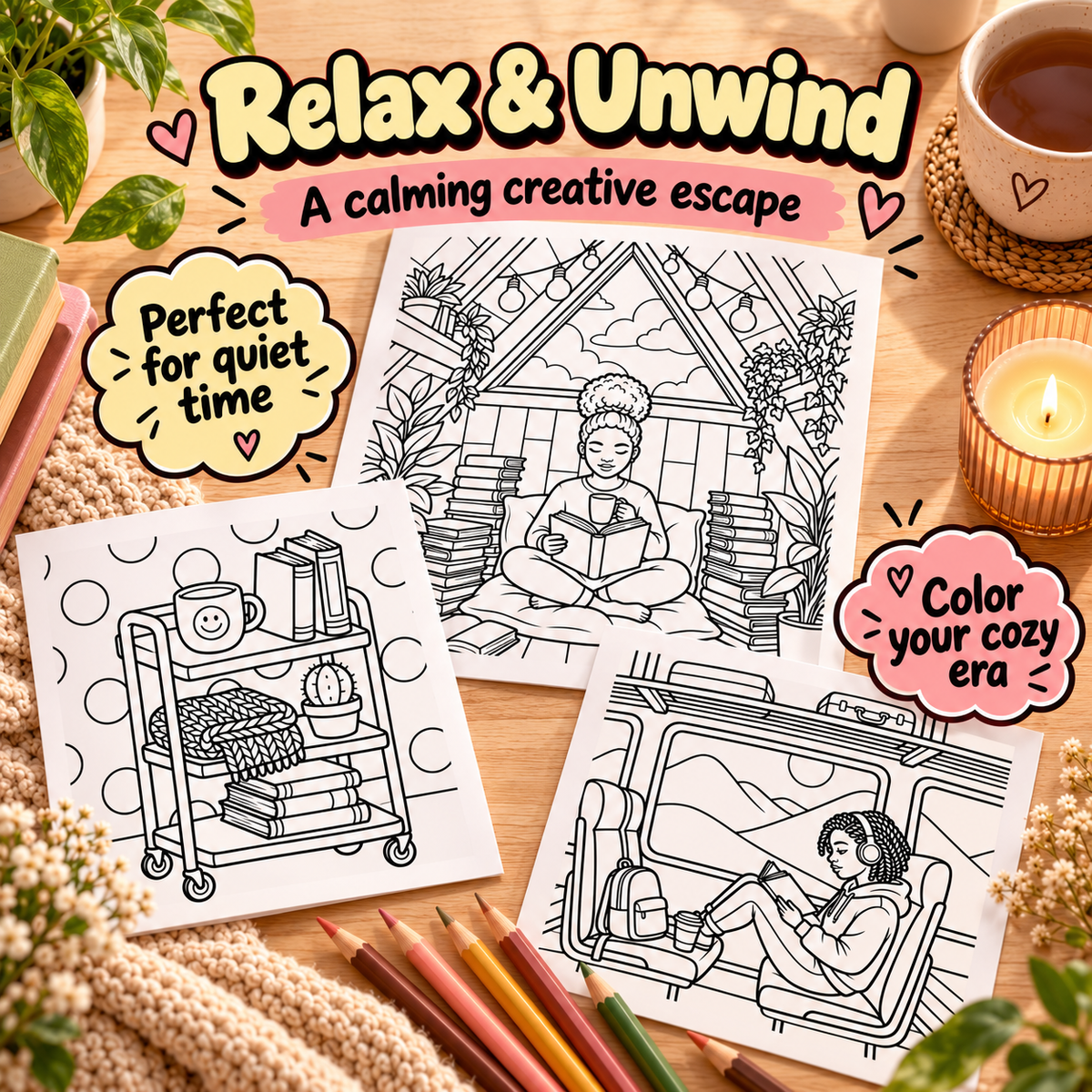 Cozy illustrated scenes for a printable coloring book by CMH Publishing.