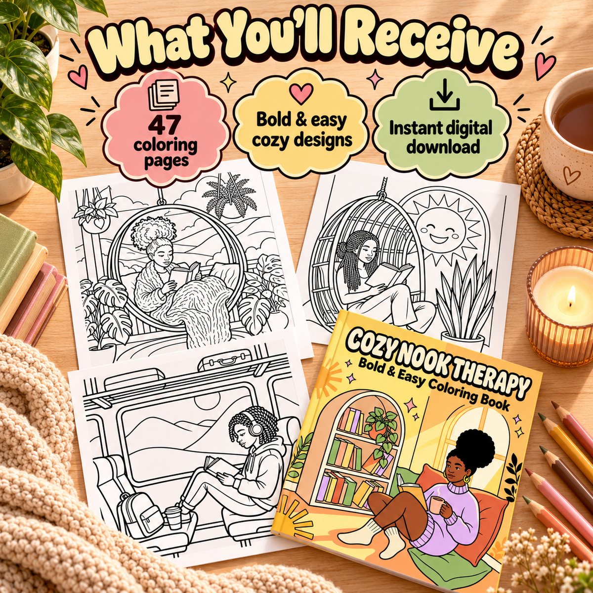 A printed coloring book titled 'Cozy Nook Therapy' and two black-and-white coloring page previews with promotional text bubbles reading '47 coloring pages,' 'Bold & easy cozy designs,' and 'Instant digital download.