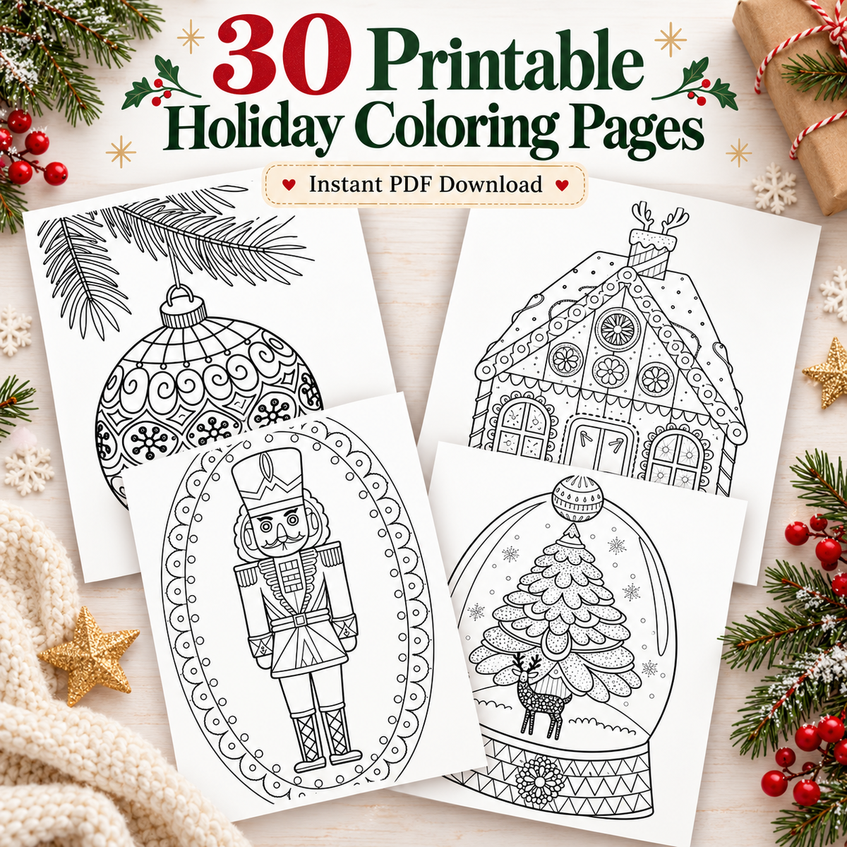 Free Christmas Coloring Book Printable PDF – 30 Holiday Coloring Pages for Adults & Teens