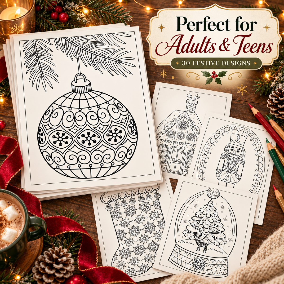Free Christmas Coloring Book Printable PDF – 30 Holiday Coloring Pages for Adults & Teens