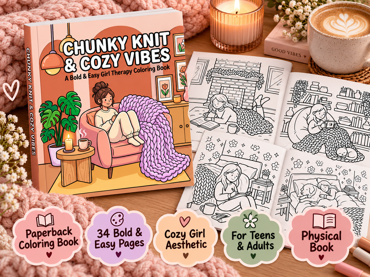 Cozy Girl Coloring Book for Adults & Teens – Chunky Knit & Cozy Vibes | Bold and Easy Paperback Coloring Book