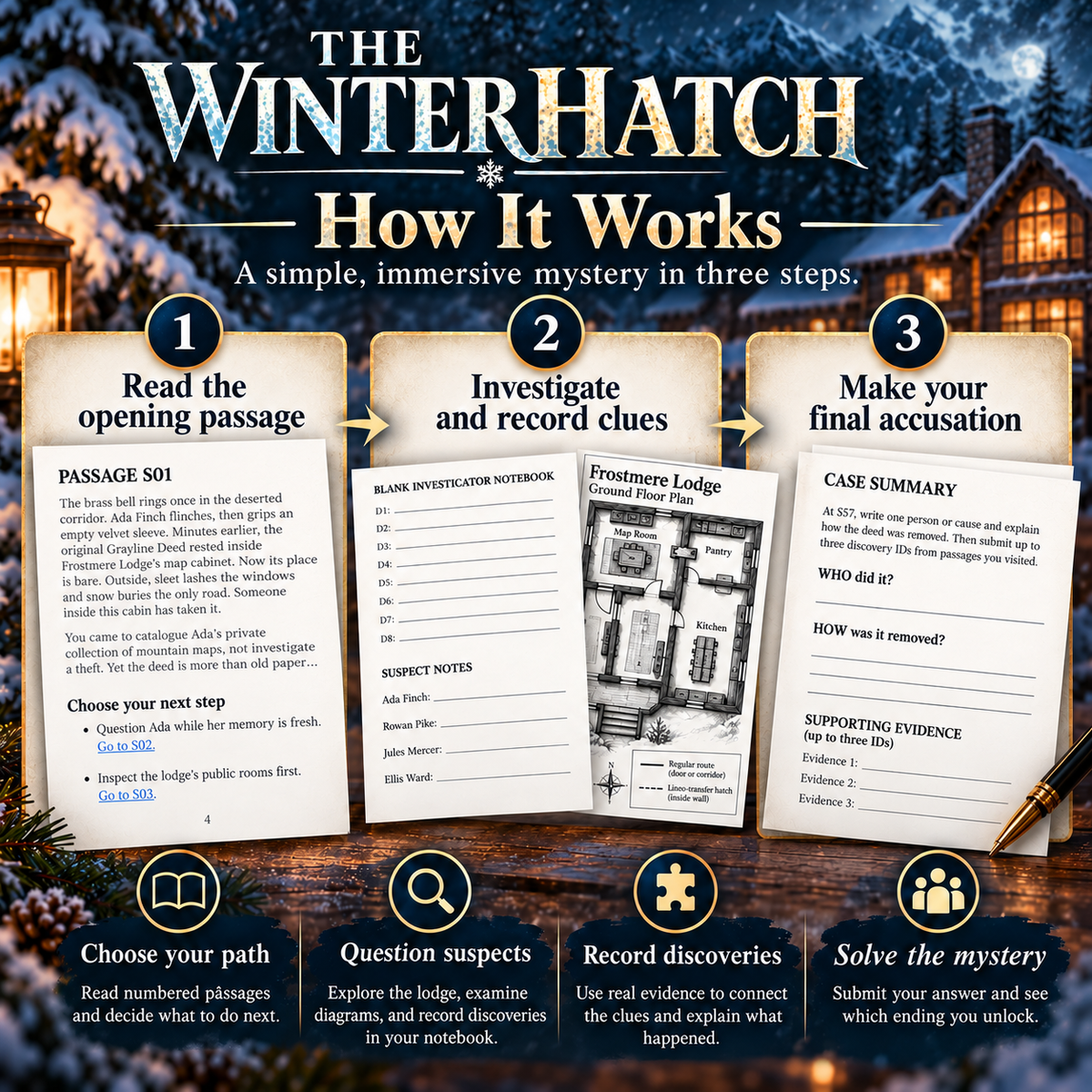 The Winter Hatch – Interactive Mystery Gamebook for Adults | Hyperlinked PDF & Printable Detective Adventure