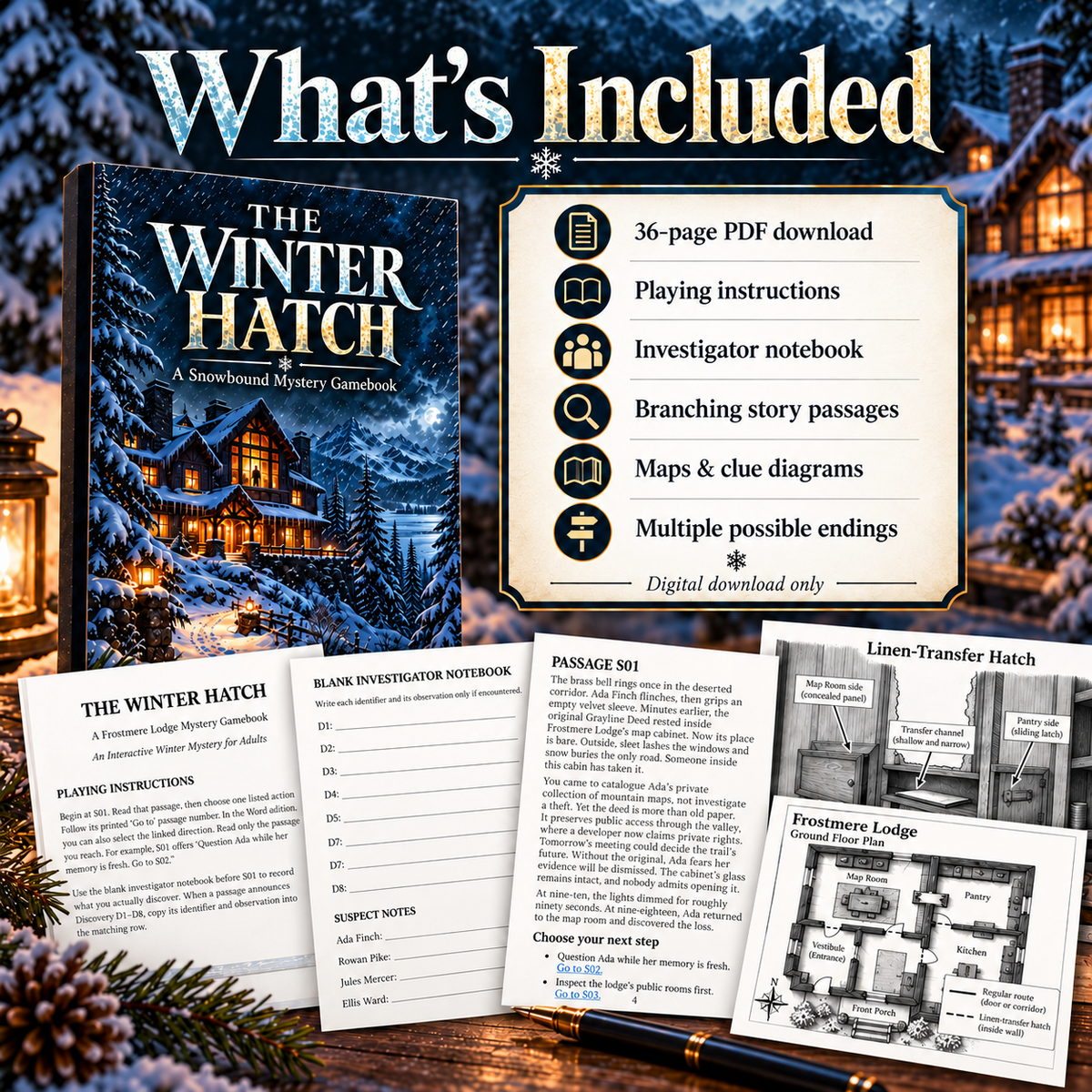 The Winter Hatch – Interactive Mystery Gamebook for Adults | Hyperlinked PDF & Printable Detective Adventure
