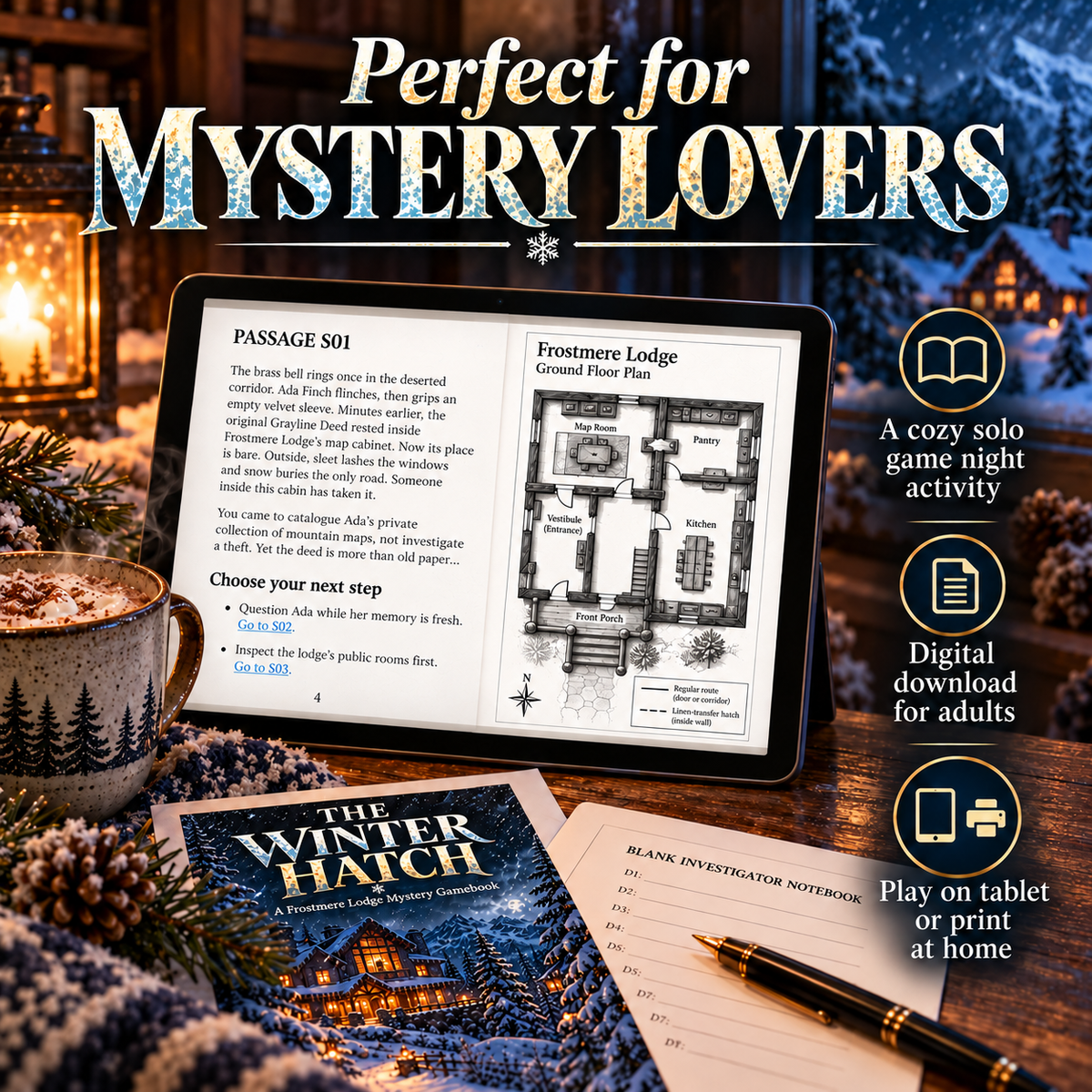 The Winter Hatch – Interactive Mystery Gamebook for Adults | Hyperlinked PDF & Printable Detective Adventure