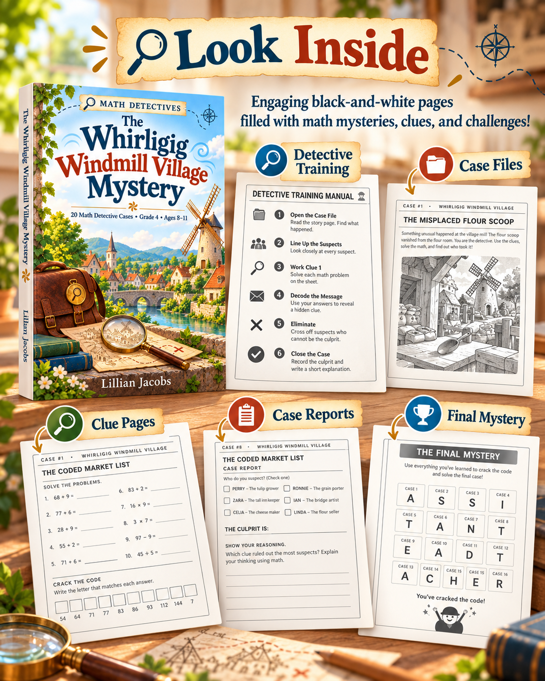 Grade 4 Math Mystery Activity Book for Kids Ages 8–11 | 20 Detective Cases