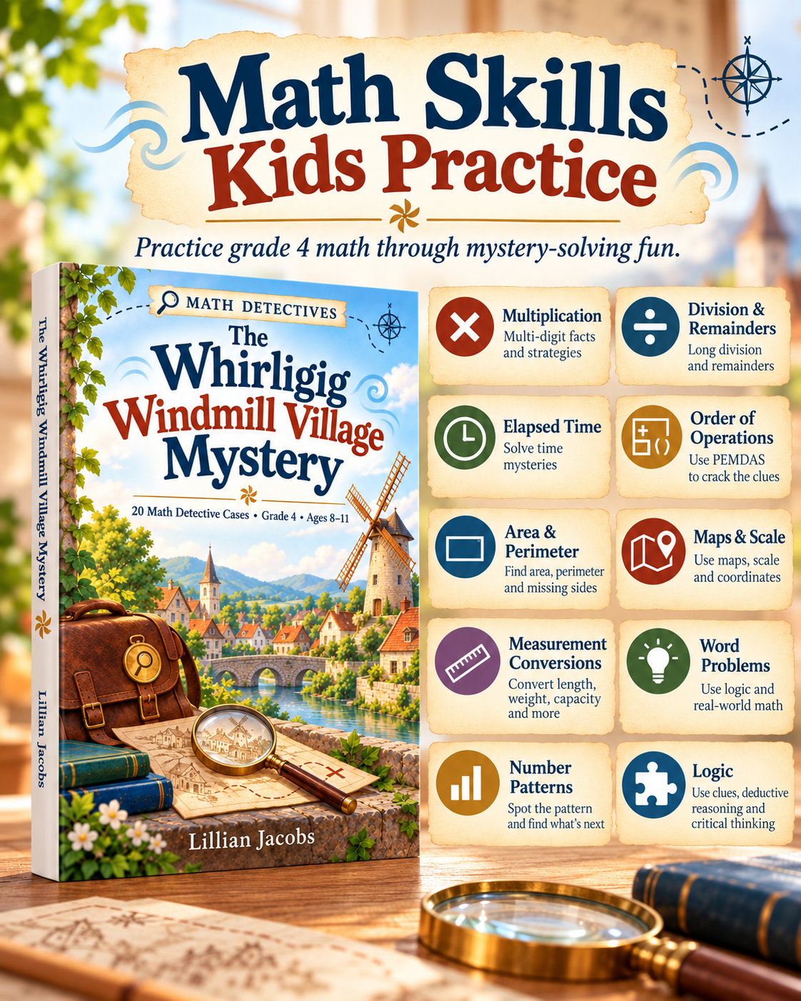 Grade 4 Math Mystery Activity Book for Kids Ages 8–11 | 20 Detective Cases