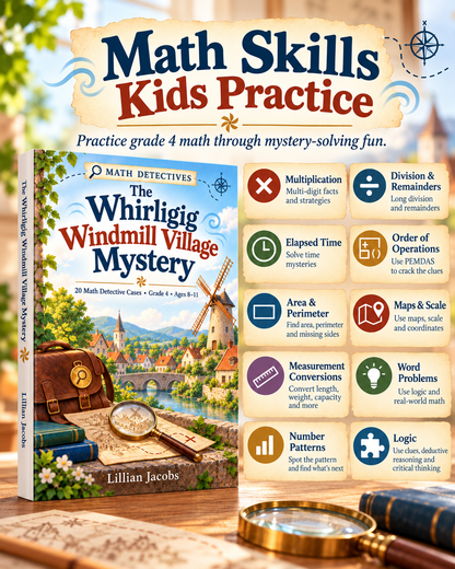 Grade 4 Math Mystery Activity Book for Kids Ages 8–11 | 20 Detective Cases