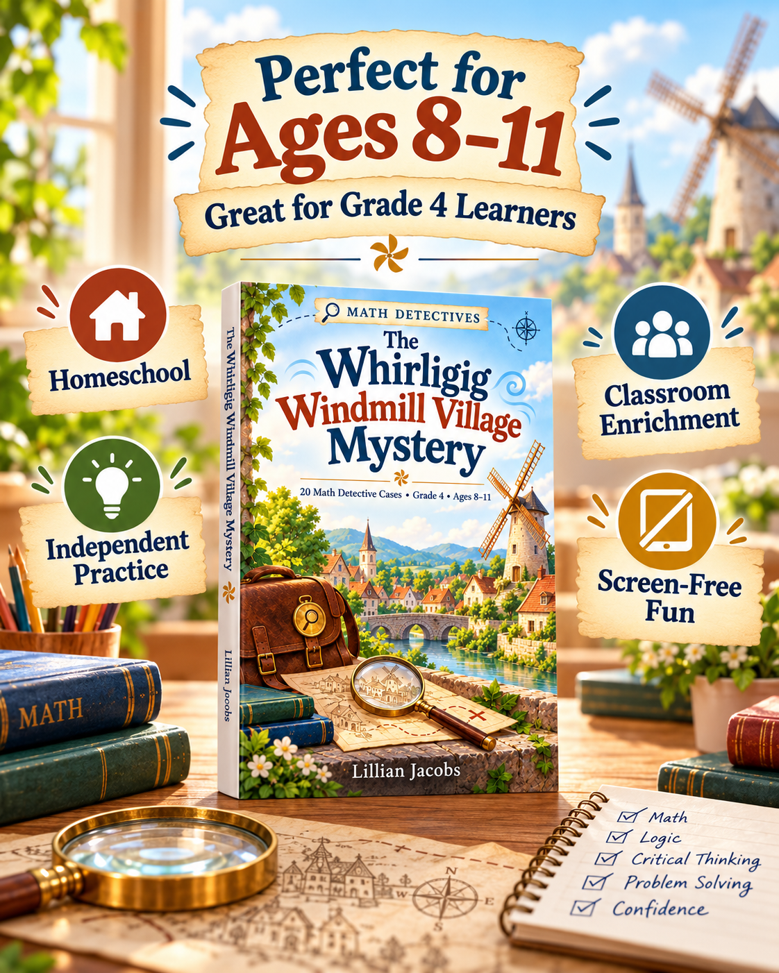 Grade 4 Math Mystery Activity Book for Kids Ages 8–11 | 20 Detective Cases