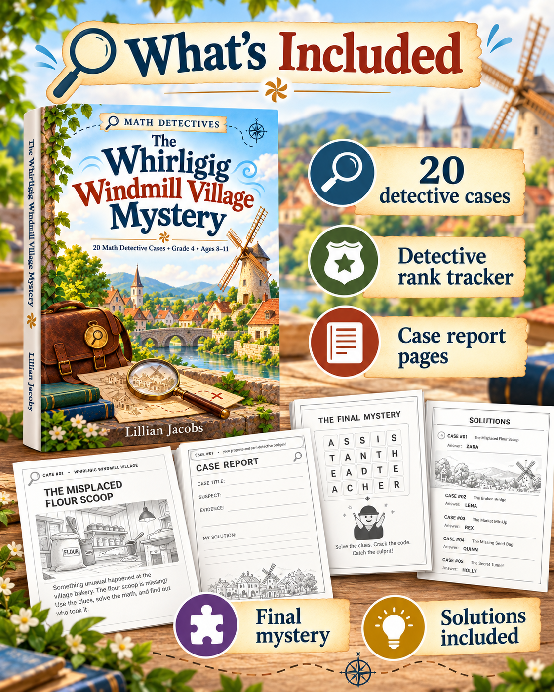 Grade 4 Math Mystery Activity Book for Kids Ages 8–11 | 20 Detective Cases
