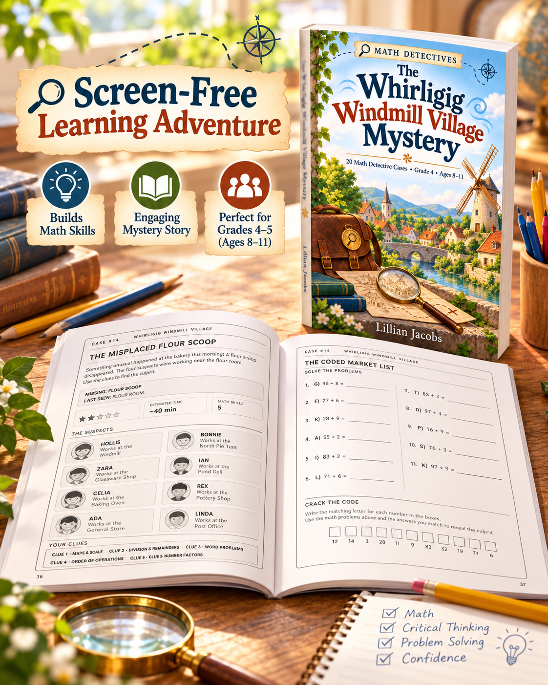 Grade 4 Math Mystery Activity Book for Kids Ages 8–11 | 20 Detective Cases