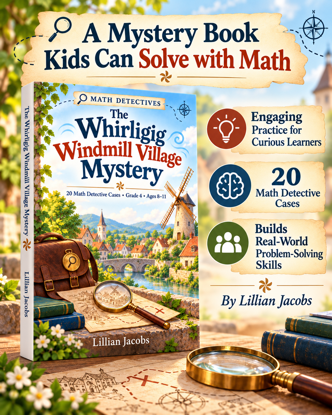 Interior preview pages from 'Grade 4 Math Mystery Activity Book' — educational workbook by Lillian Jacobs