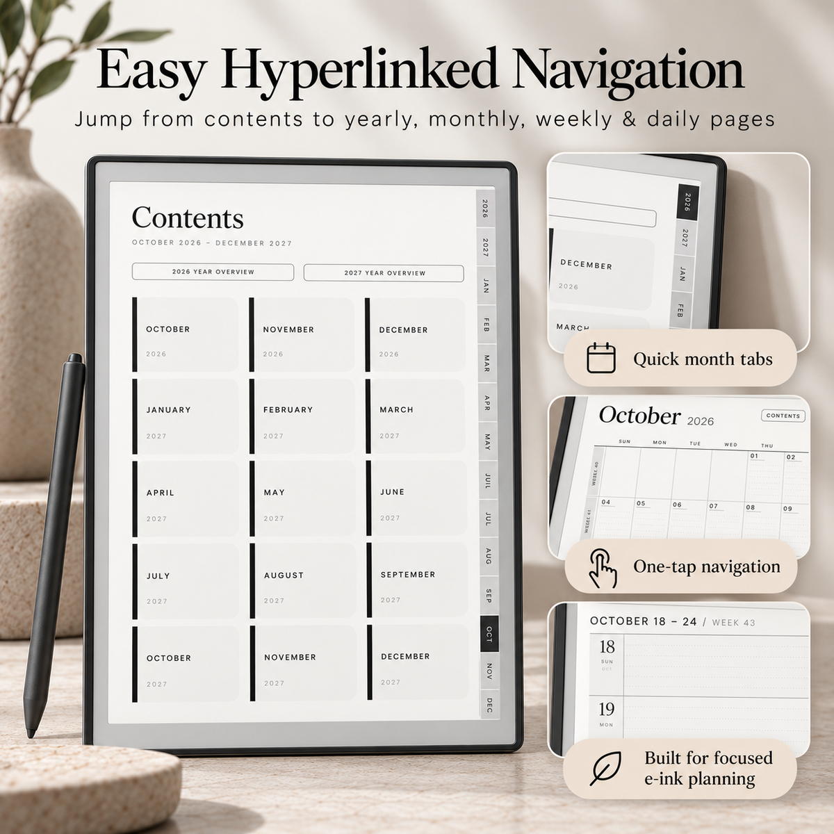 reMarkable Paper Pure Digital Planner 2026–2027 — 15-Month Hyperlinked PDF