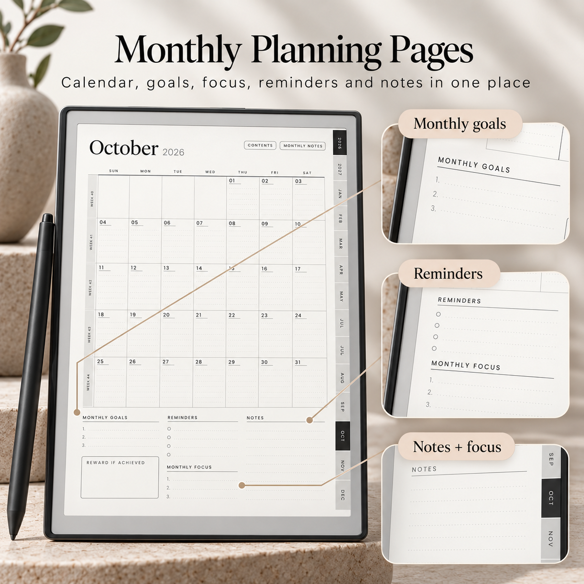 reMarkable Paper Pure Digital Planner 2026–2027 — 15-Month Hyperlinked PDF