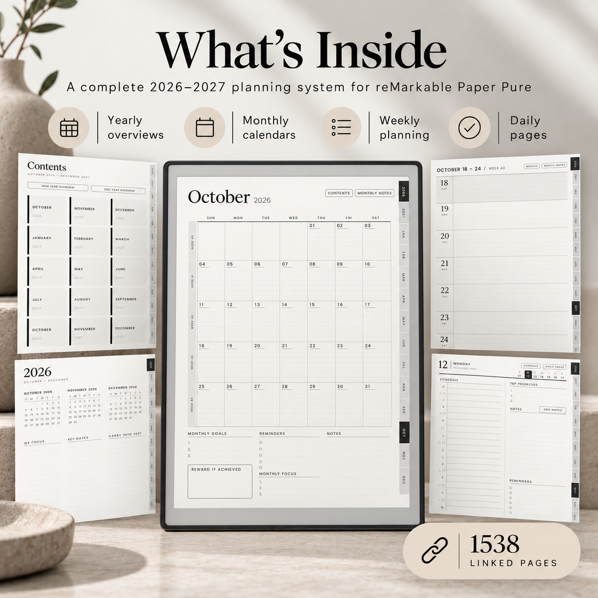 reMarkable Paper Pure Digital Planner 2026–2027 — 15-Month Hyperlinked PDF