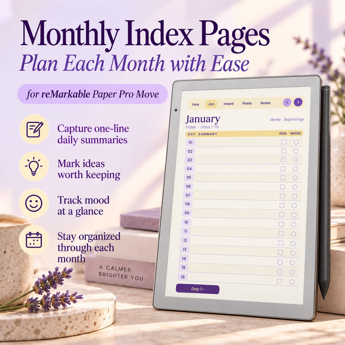 A tablet on a tabletop displaying a Monthly Index Pages template, with a stylus beside it. The scene includes lavender sprigs, stacked books, and large promotional text reading 'Monthly Index Pages' and 'Plan Each Month with Ease,' plus feature icons for daily summaries, idea marking, mood tracking, and organization.