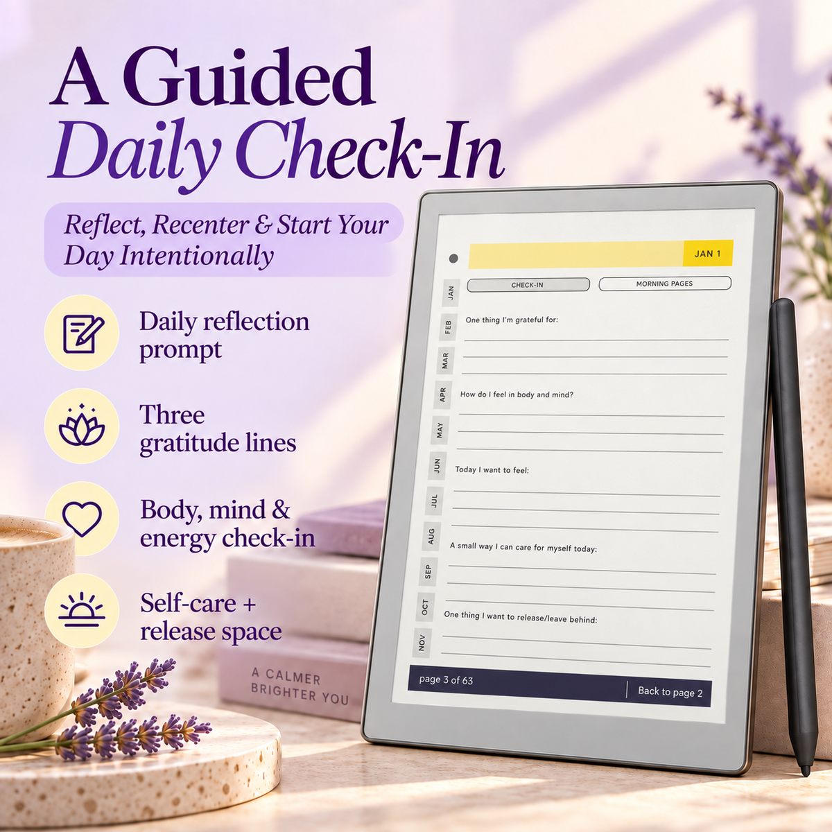 A tablet device displaying a guided daily check-in template, shown alongside a stylus on a tabletop with lavender flowers and soft purple background elements. Large promotional text on the left reads 'A Guided Daily Check-In' with feature callouts like daily reflection prompt, three gratitude lines, body mind & energy check-in, and self-care + release space.