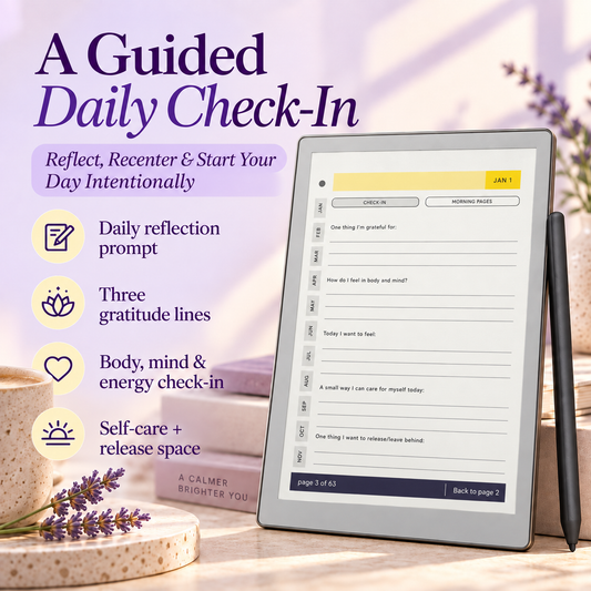 A tablet device displaying a guided daily check-in template, shown alongside a stylus on a tabletop with lavender flowers and soft purple background elements. Large promotional text on the left reads 'A Guided Daily Check-In' with feature callouts like daily reflection prompt, three gratitude lines, body mind & energy check-in, and self-care + release space.