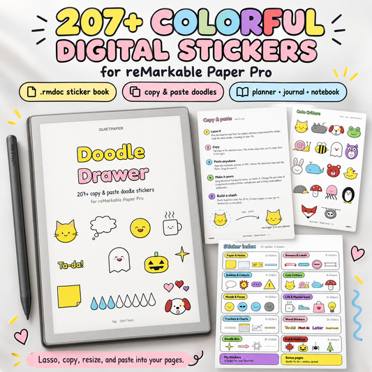 Digital sticker set promotional graphic for reMarkable Paper Pro, showing a tablet with a Doodle Drawer sticker book cover, instruction pages, and colorful sample stickers by QuietPaper.