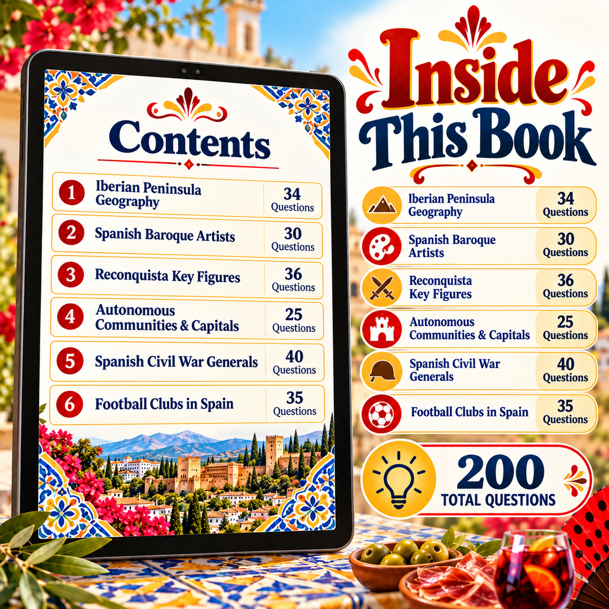 Promotional graphic for a book's contents page shown on a tablet screen, with the title 'Inside This Book' and a table listing chapters and question counts. The design uses warm beige, blue, orange, and red with decorative floral and architectural imagery in the background.