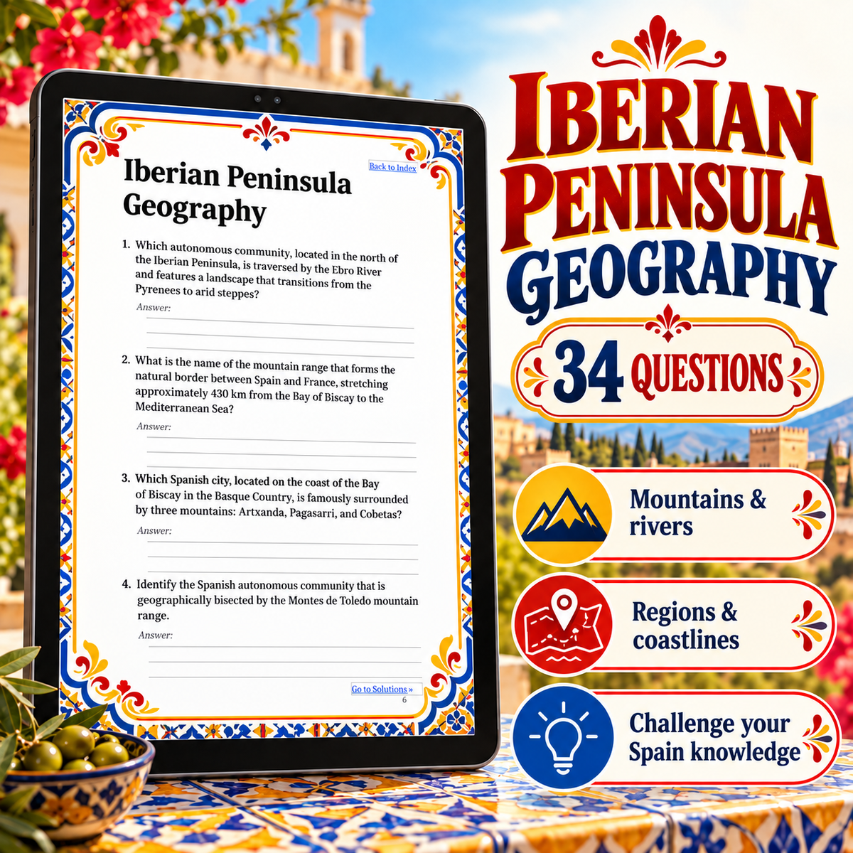Digital cover for an Iberian Peninsula Geography quiz, shown on a tablet screen with decorative Spanish borders.