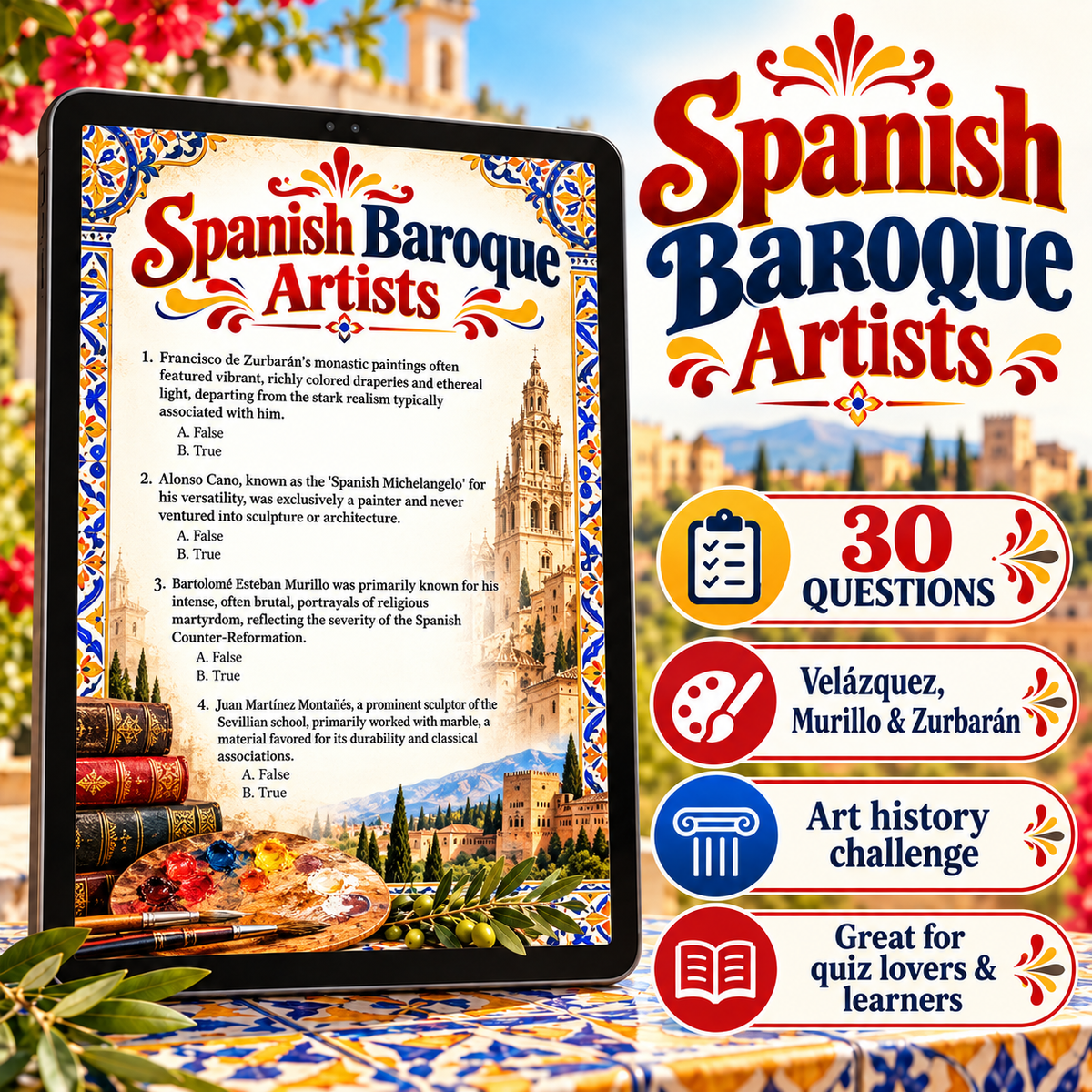 A digital Spanish Baroque Artists quiz game displayed on a tablet screen, surrounded by decorative Spanish-themed elements including a laurel wreath, gold coins, and colorful promotional badges on a white background.