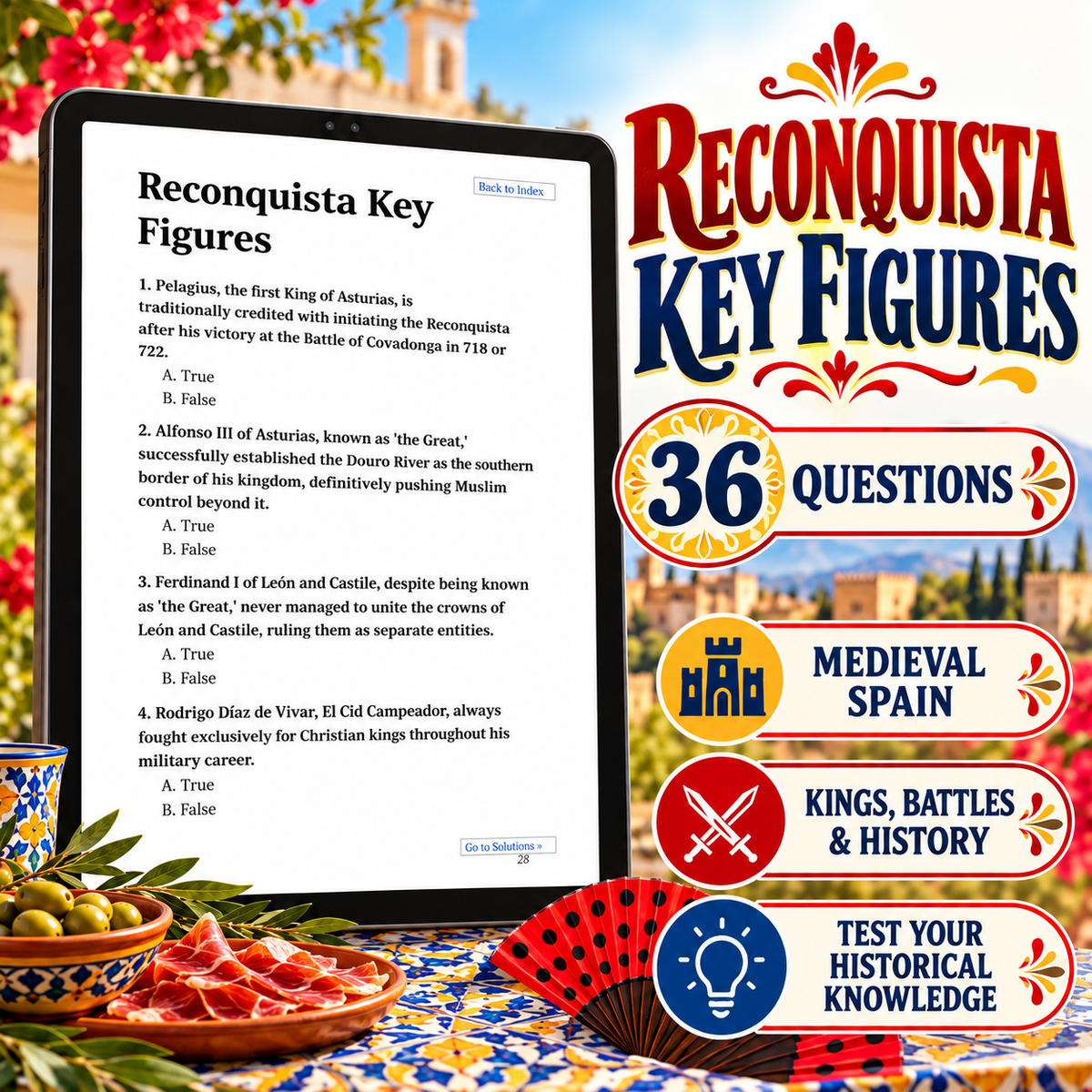 A digital cover graphic for a Spanish history quiz book titled 'Reconquista Key Figures'. The design features a tablet displaying the 'Reconquista Key Figures' page, surrounded by decorative elements including a red and black fan, a red-and-white striped ballpoint pen, a gold laurel wreath, and a blue-and-white striped flag.