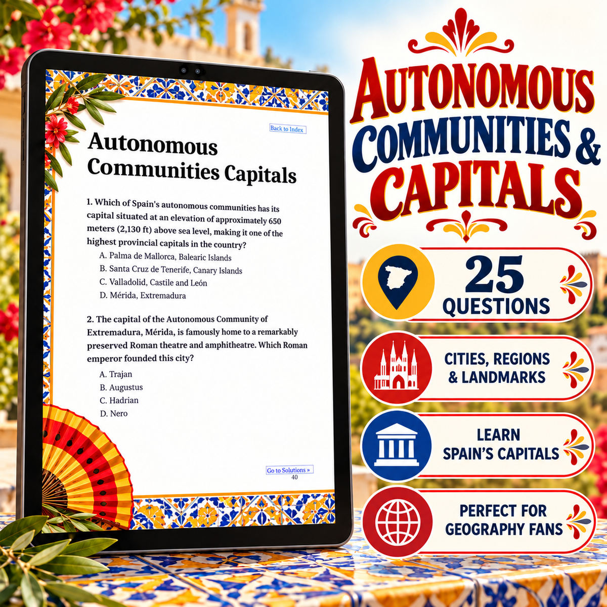 A digital Spanish geography quiz cover titled 'Autonomous Communities & Capitals' shown on a tablet screen, with colorful circular callouts reading '25 Questions', 'Cities, Regions & Landmarks', 'Learn Spain's Capitals', and 'Perfect for Geography Fans' over a tiled background.
