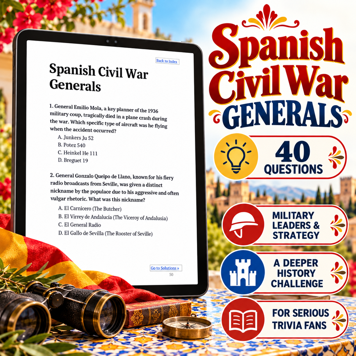 A digital product mockup for a Spanish Civil War Generals trivia quiz. The main subject is a tablet showing the quiz cover, set against a festive, colorful background with a gold and red bomb, a vintage gold pocket watch, and a gold matchbox.